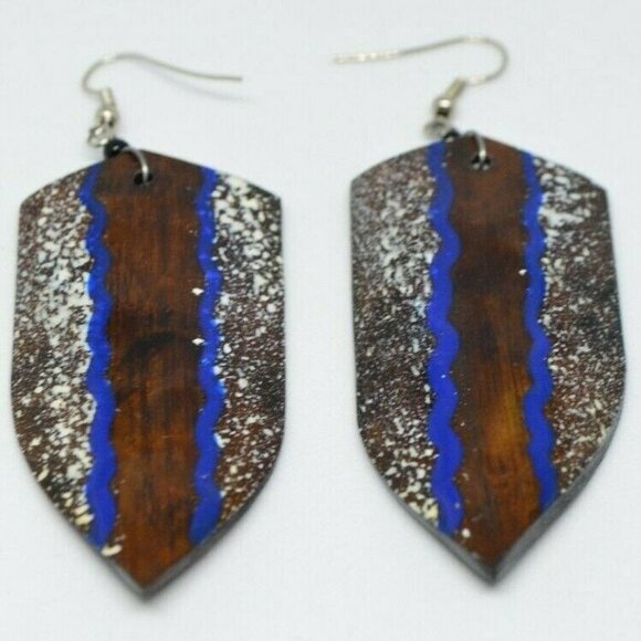 Brown Blue White Large Wood Shield Tribal Earrings - Picture 1 of 4